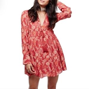 Free People Stealing Fire Mini Dress Red Bohemian Hippie Flowy Long Sleeve - Lg